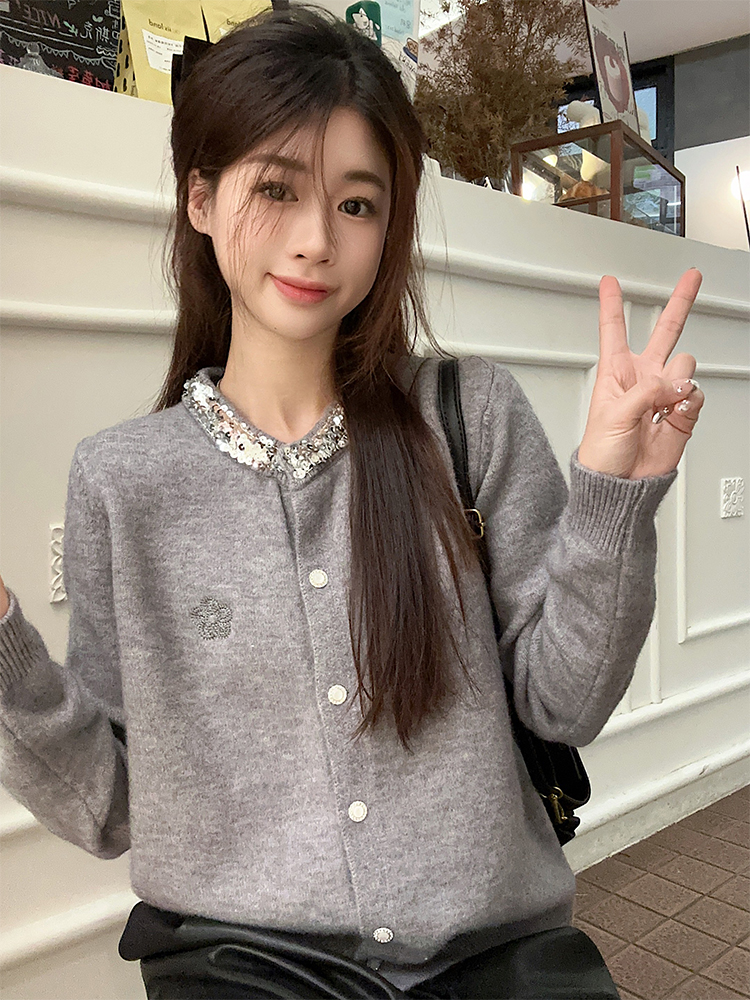 實拍 早春韓chic氣質領子鑲鑽灰色針織保暖毛衣開衫