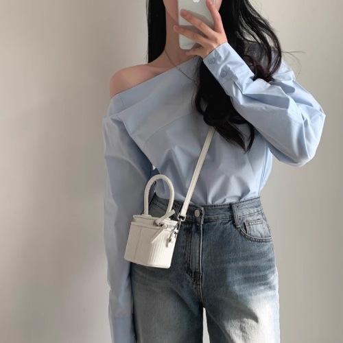 Korean chic autumn design niche unilateral off-shoulder fashionable personality loose versatile long-sleeved shirt tops for women