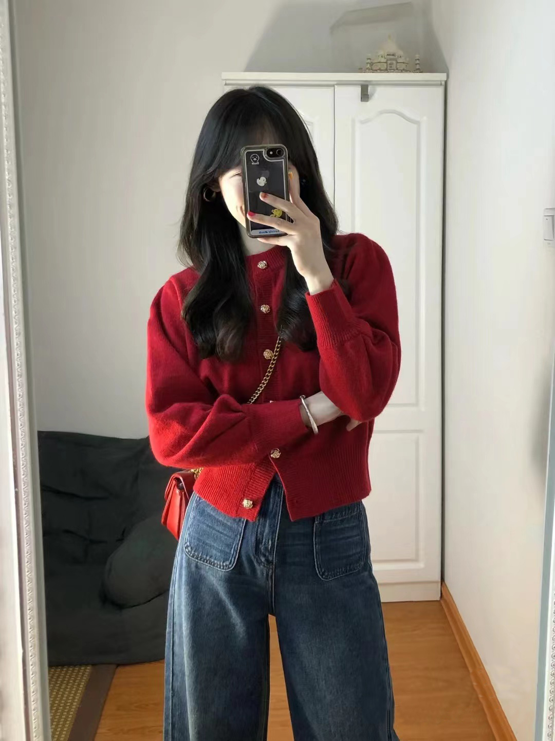 Retro red sweater women's short lazy soft waxy knitted cardigan French chic slim lantern sleeve jacket