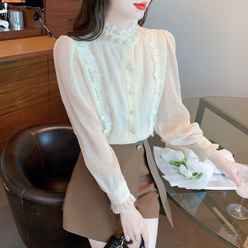French palace style 2024 spring new style light mature niche pearl fungus stand collar lace pleated long-sleeved shirt for women
