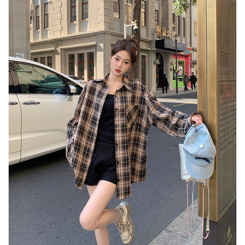 實拍  美式復古格子襯衫女長袖春季慵懶風襯衣