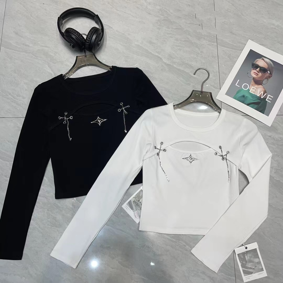 2024 Spring and Autumn Women's Long Sleeve T-Shirt Short Hollow Bottoming Shirt Design Niche Top