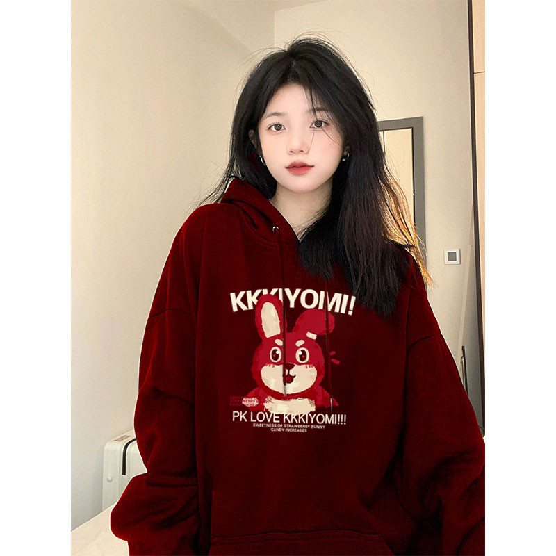 酒紅色連帽衛衣女2024新款美式復古慵懶風上衣