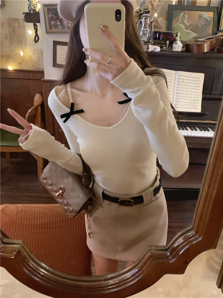 實拍~純欲內搭上衣女蕾絲長袖T恤性感辣妹針織打底衫