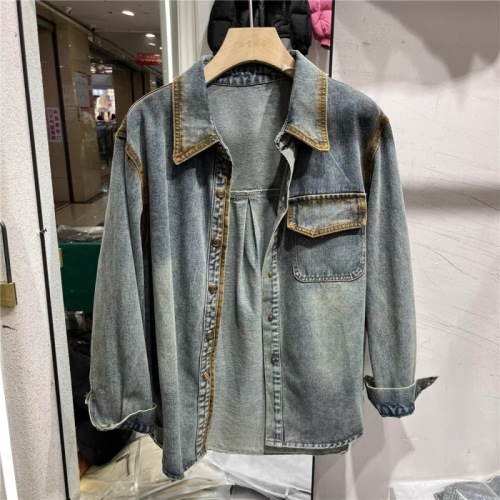 2024 Spring New Fashion Color Block Denim Shirt Women's Long Sleeve Retro Loose Casual Shirt Jacket