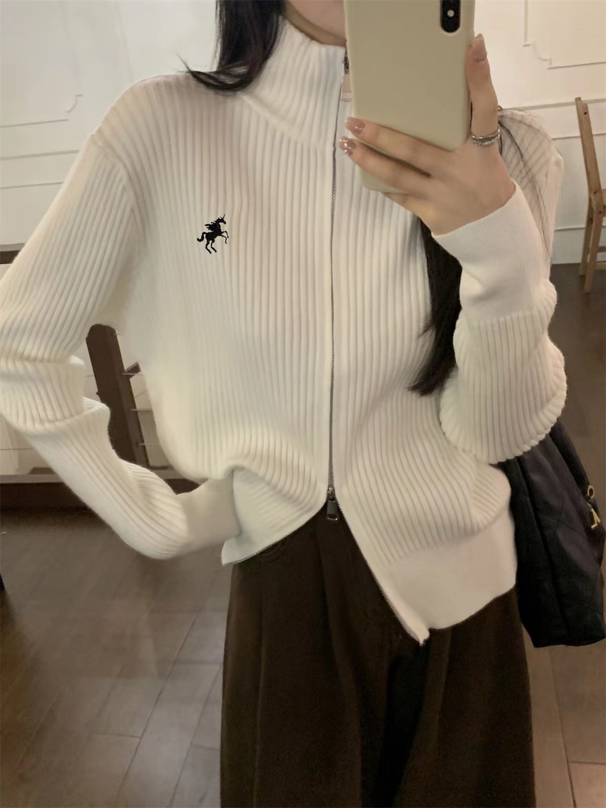American zipper high collar knitted cardigan for women 2024 spring and autumn new style inner sweater jacket black short top
