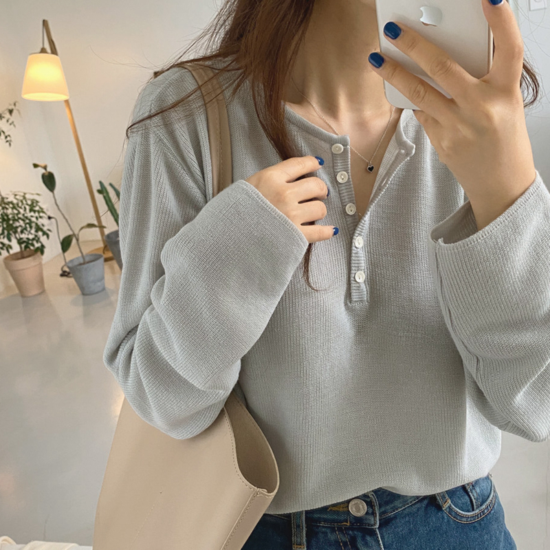 Korean chic spring temperament casual button half cardigan long-sleeved knitted top for women