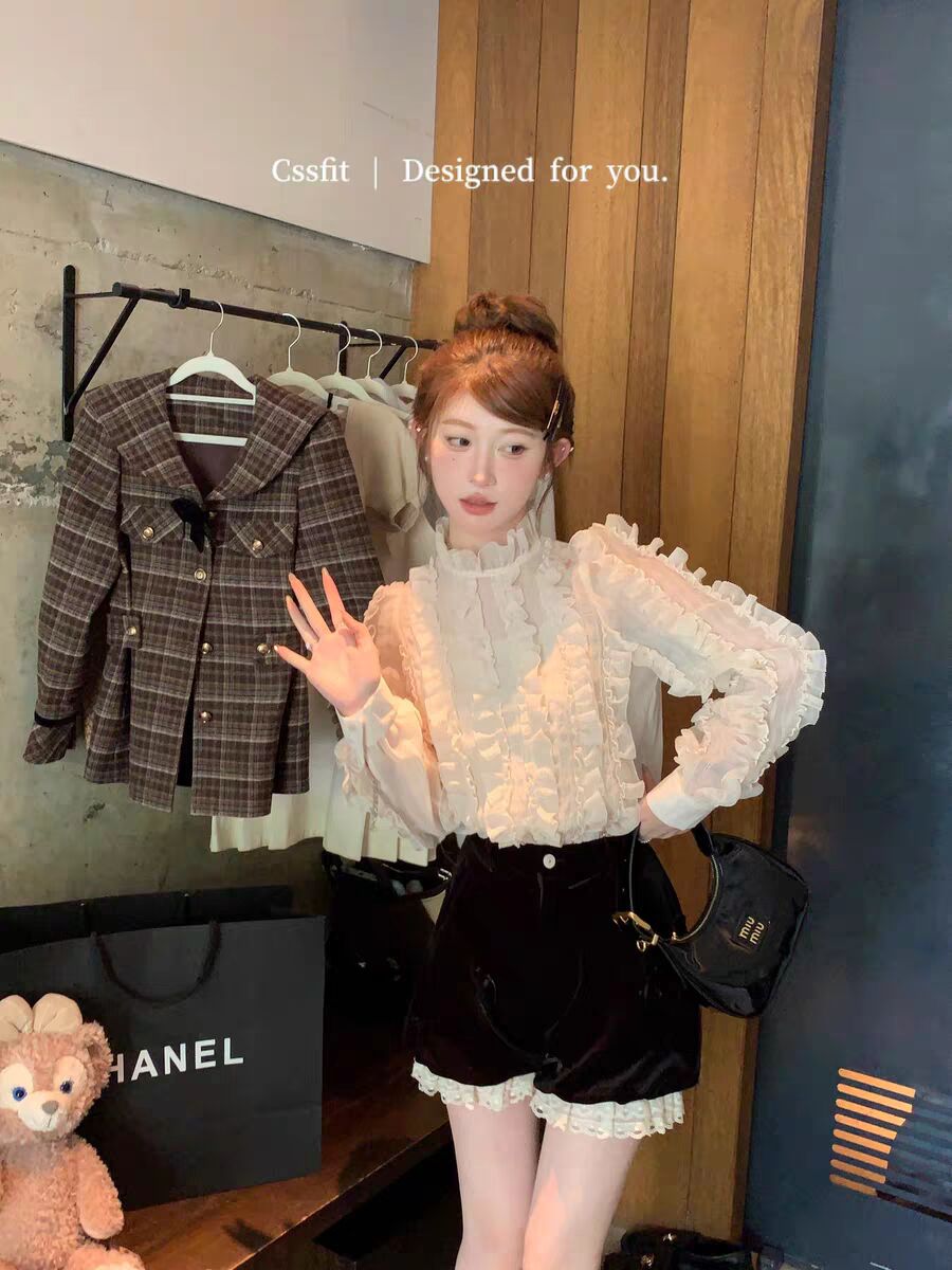 遲傘傘 24/ss 清醒夢境 萬搭款香檳裸色千層仙女花邊襯衫