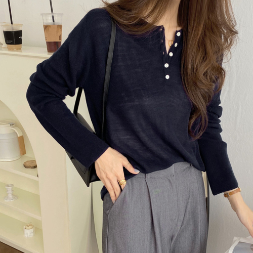 Korean chic spring temperament casual button half cardigan long-sleeved knitted top for women