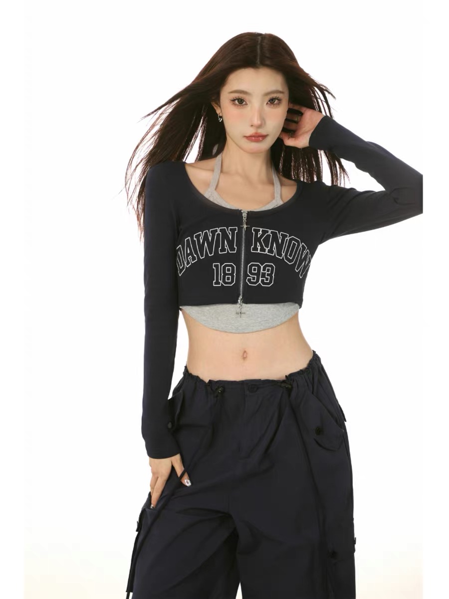 Designer American retro hottie fake two-piece long-sleeved T-shirt women's spring strappy halterneck crop top