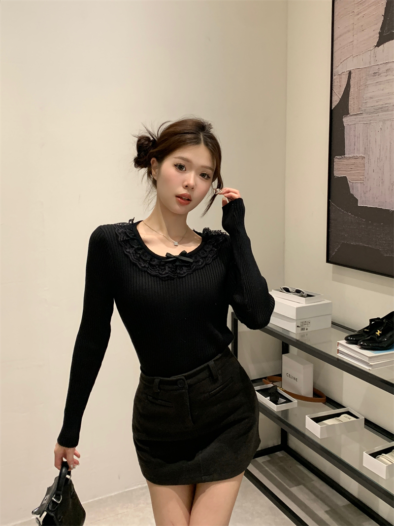 實拍 秋冬新款甜美內搭蕾絲花邊蝴蝶結打底針織衫上衣女