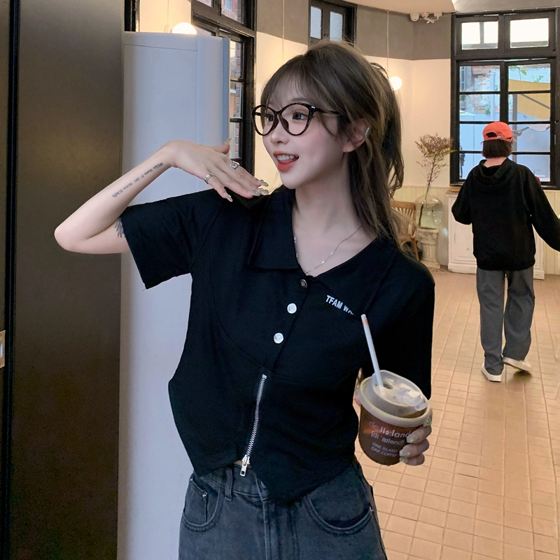 實拍2024春季新款短袖襯衣女設計感小眾辣妹polo領T恤女