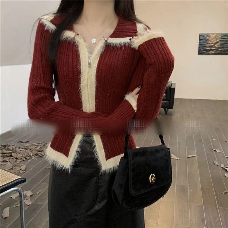 Plush contrasting color lapel sweater for women in autumn and winter design double zipper short sweater slim fit inner top
