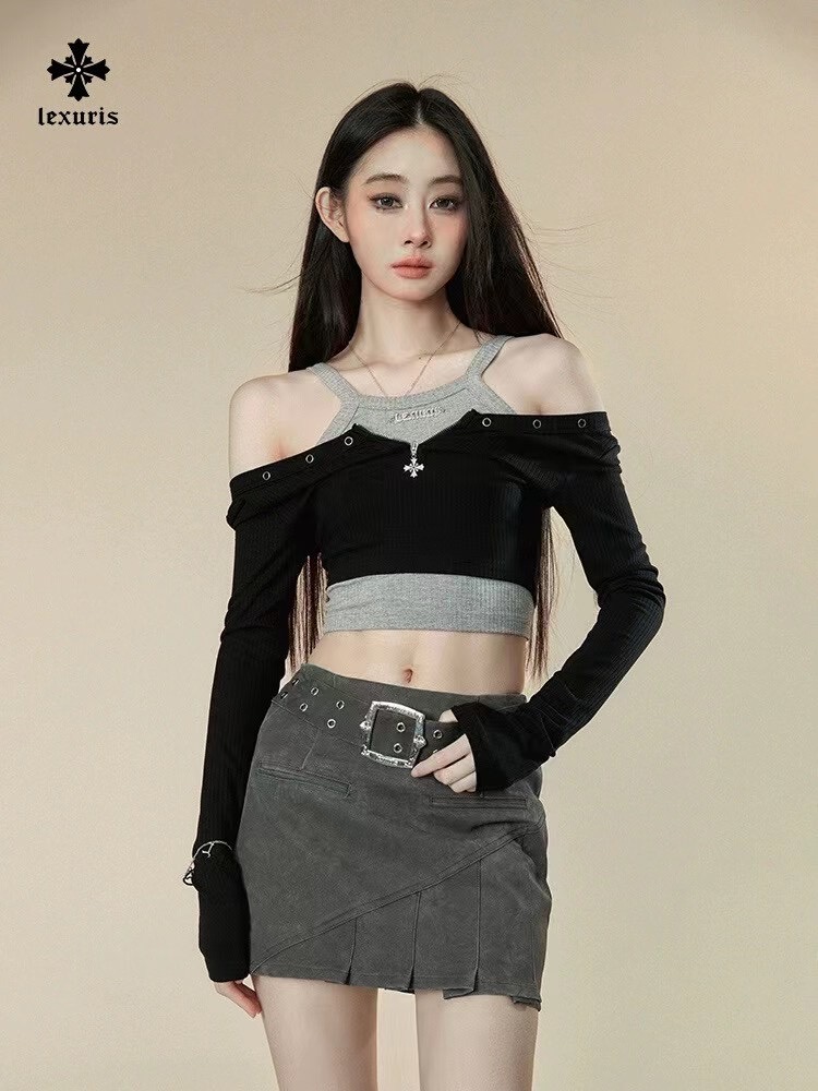 2024 spring and autumn design tops two-piece bottoming shirt sweet and cool short sweater T-shirt two-piece long-sleeved set
