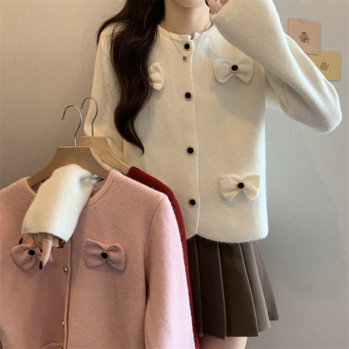 Actual shot of new small fragrant style round neck age-reducing college style bow-knot decorated sweater knitted cardigan for women