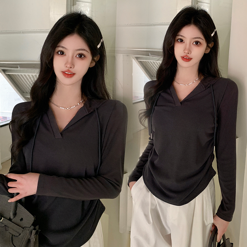 Real shot~Large size women's long-sleeved hooded right-shoulder T-shirt for women in autumn, irregular belly-covering, hot girl tops