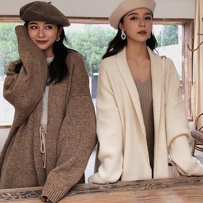 New versatile loose knitted sweater lapel wool cardigan mid-length sweater jacket for women