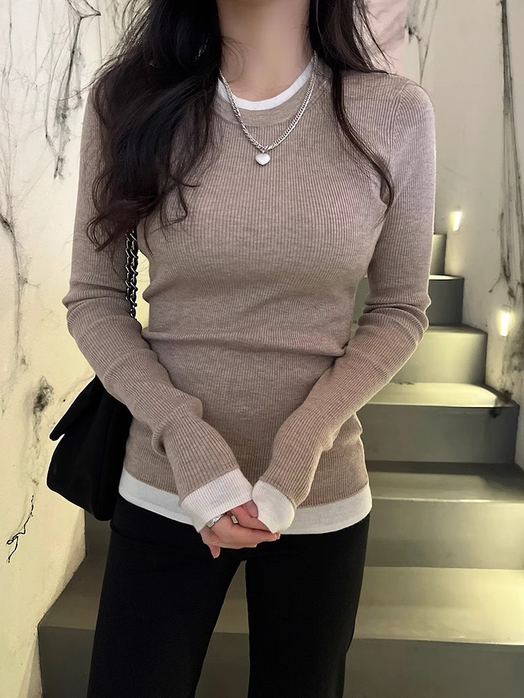 撞色長袖針織衫女秋冬新款設計感小眾修身顯瘦內搭羊毛打底衫上衣