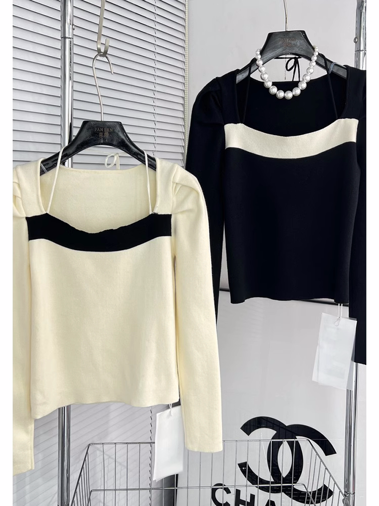 Autumn and winter pure desire chic unique square neck halterneck soft waxy sweater knitted bottoming shirt for women with niche short top