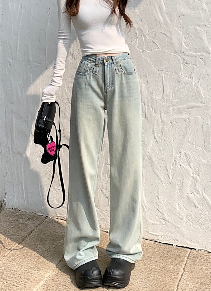 Actual shot#Loose straight denim trousers for women, designed washed retro narrow wide-leg floor-length trousers