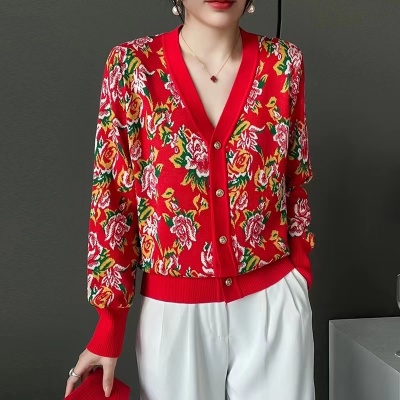 2024 Spring Festival zodiac year peony flower popular top small jacket temperament versatile fashion long-sleeved sweater cardigan
