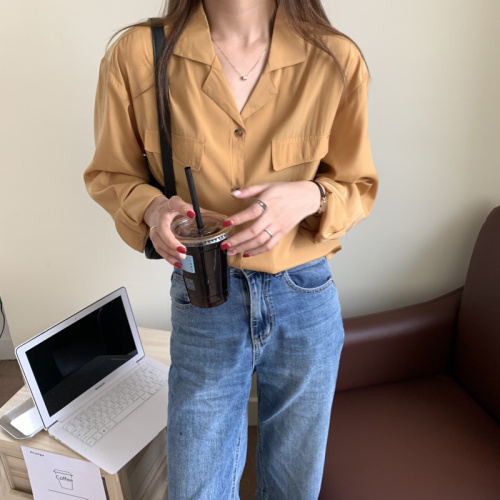 Actual shot of design niche early spring slimming long-sleeved shirt Korean style loose temperament top