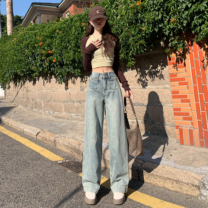 Real shot~Light blue wide-leg jeans for women 2024 new high-waisted loose drape straight floor-length mopping pants ins