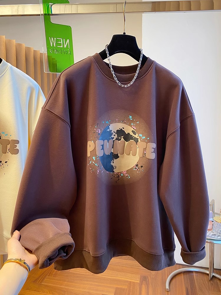 First release of extra large size 300 pounds Chinese cotton spring and autumn thin 320g round neck printed sweatshirt for women