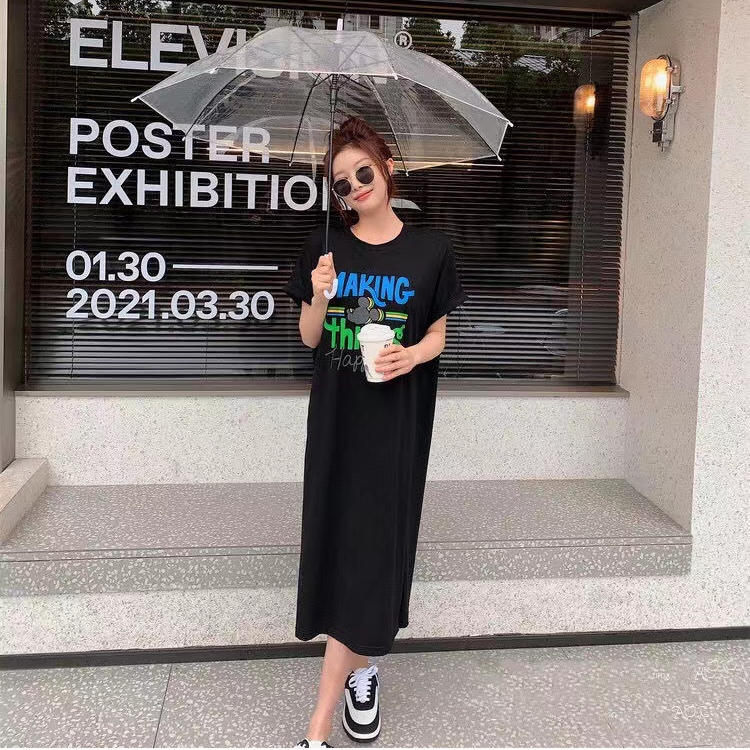 仿棉牛奶絲#韓版連衣裙夏季新款大碼寬鬆長款過膝胖mm孕婦睡裙女