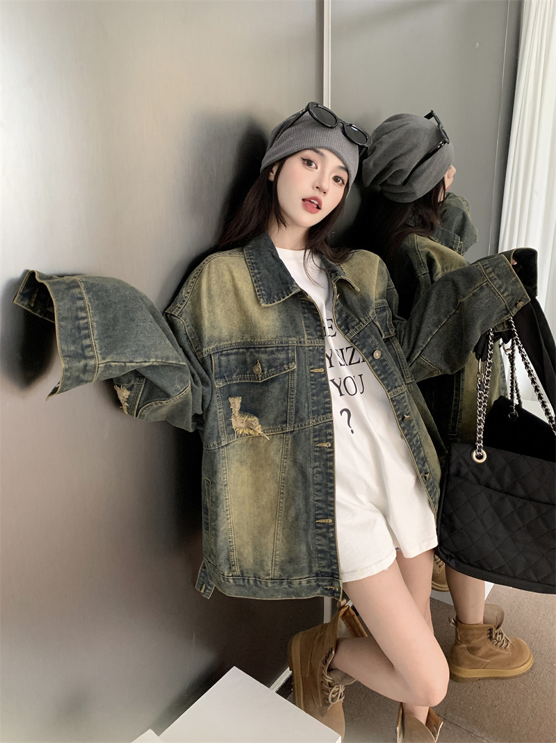Real shot ~ Retro distressed denim jacket for women, loose and versatile street jacket, autumn design, ripped top