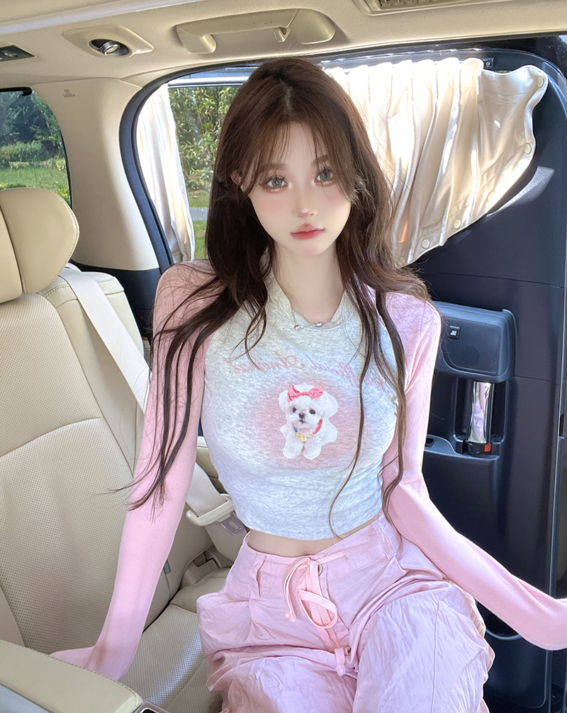 Actual shot of color-blocked ribbed elastic bow puppy versatile American tight-fitting long-sleeved bottoming T-shirt