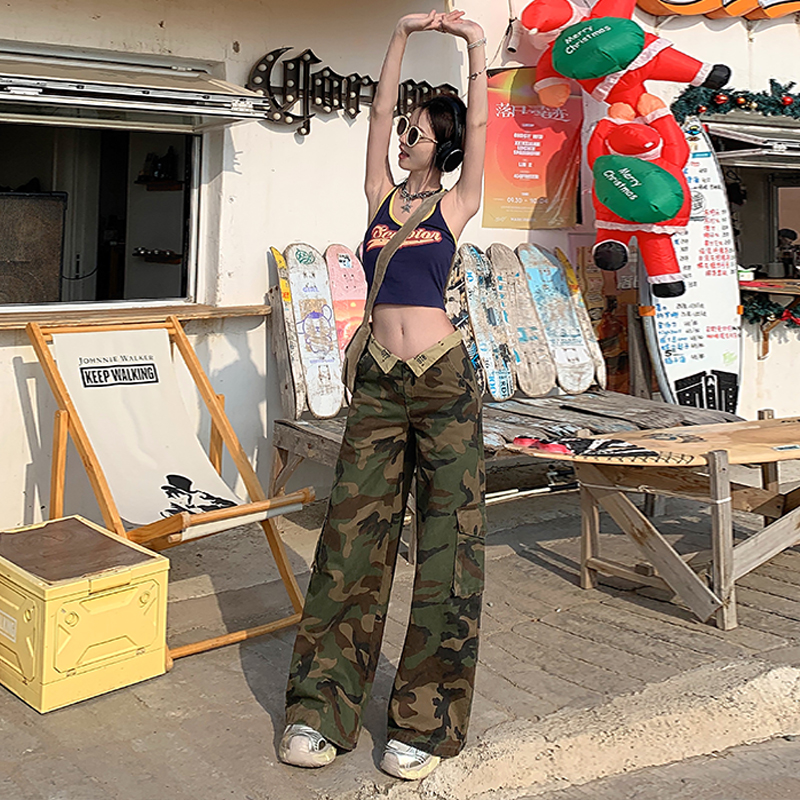 Real shot~Spring camouflage casual overalls American hot girl retro waist loose wide-leg pants jeans women ins