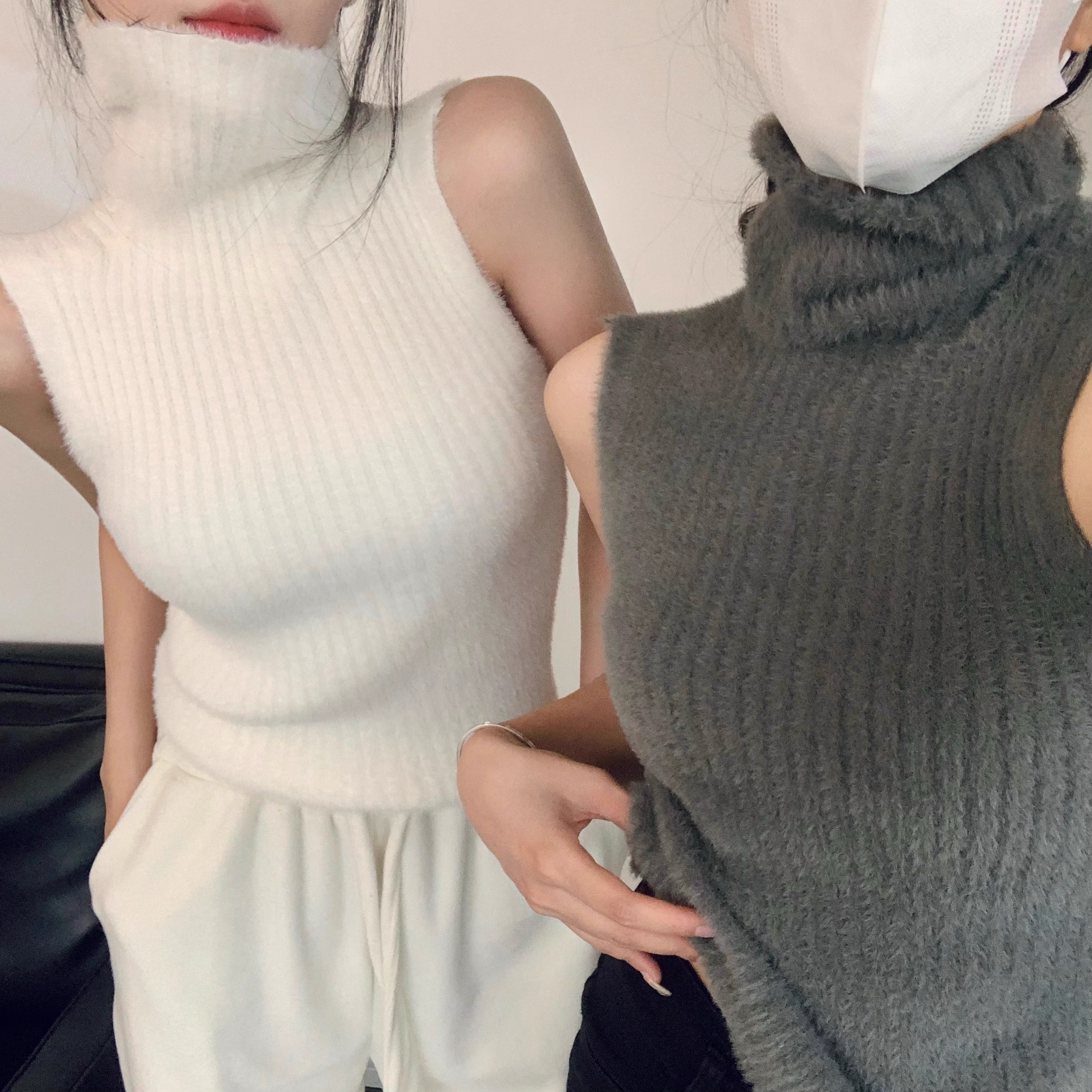 仿水貂絨毛衣背心女秋冬純欲辣妹性感無袖高領上衣內搭針織打底衫