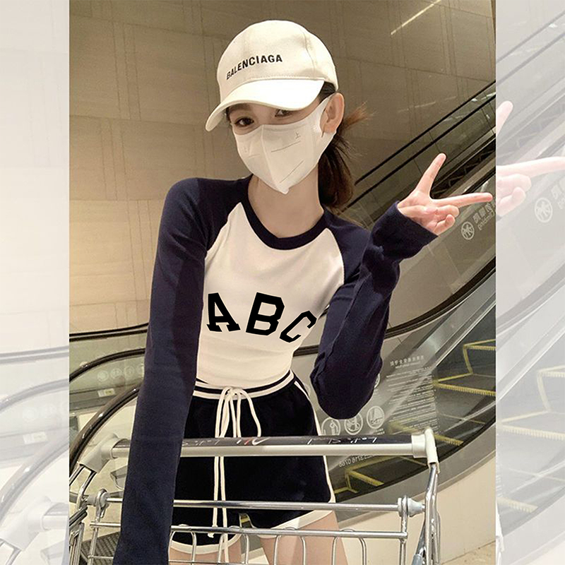 Odell 92 cotton 8 spandex niche fashion American retro splicing top spring and autumn new long-sleeved round neck T-shirt
