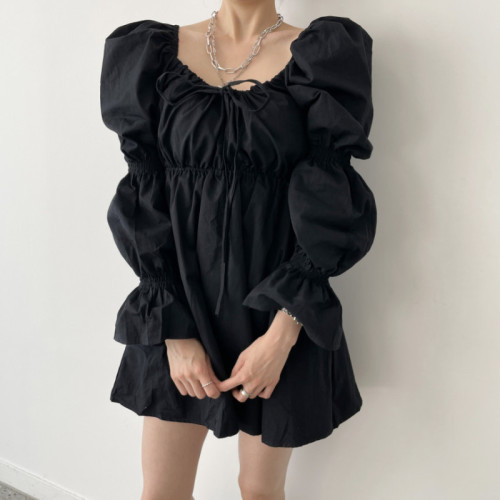 Size update Korean chic spring new niche sexy waist-cinching puff sleeve pleated reversible dress