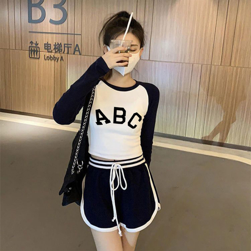 Odell 92 cotton 8 spandex niche fashion American retro splicing top spring and autumn new long-sleeved round neck T-shirt