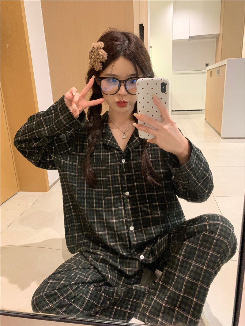 Actual shot of Korean style pure cotton brushed simple plaid casual cardigan spring and autumn long-sleeved trousers home wear suit