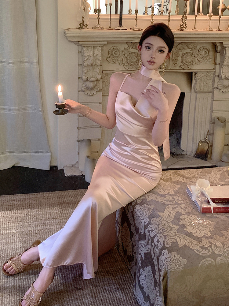 Real shot of elegant satin ribbon dress long skirt