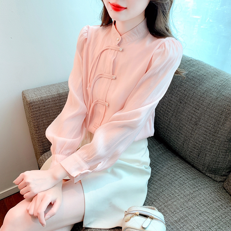 2024 spring and autumn new national style new Chinese style shirt for women pink plate button puff sleeve design chiffon top