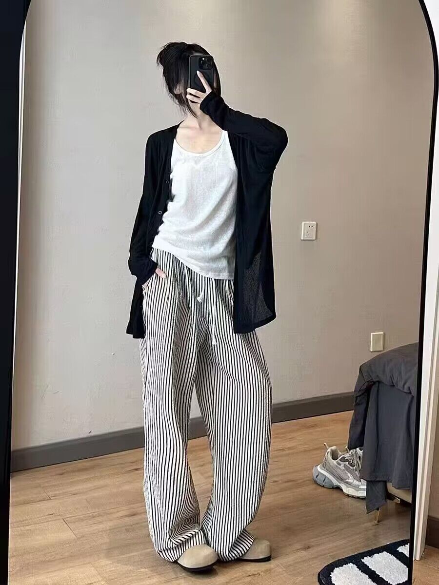 韓版ins慵懶風休閒三件套女春季防曬長袖開衫高腰百搭直筒條紋褲