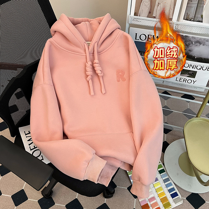 Actual shot of winter Korean style loose composite alpaca 420g hooded embroidered large size plus velvet sweatshirt for women