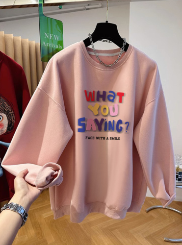 First release of extra large size 300 pounds Chinese cotton spring and autumn thin 320g round neck printed sweatshirt for women