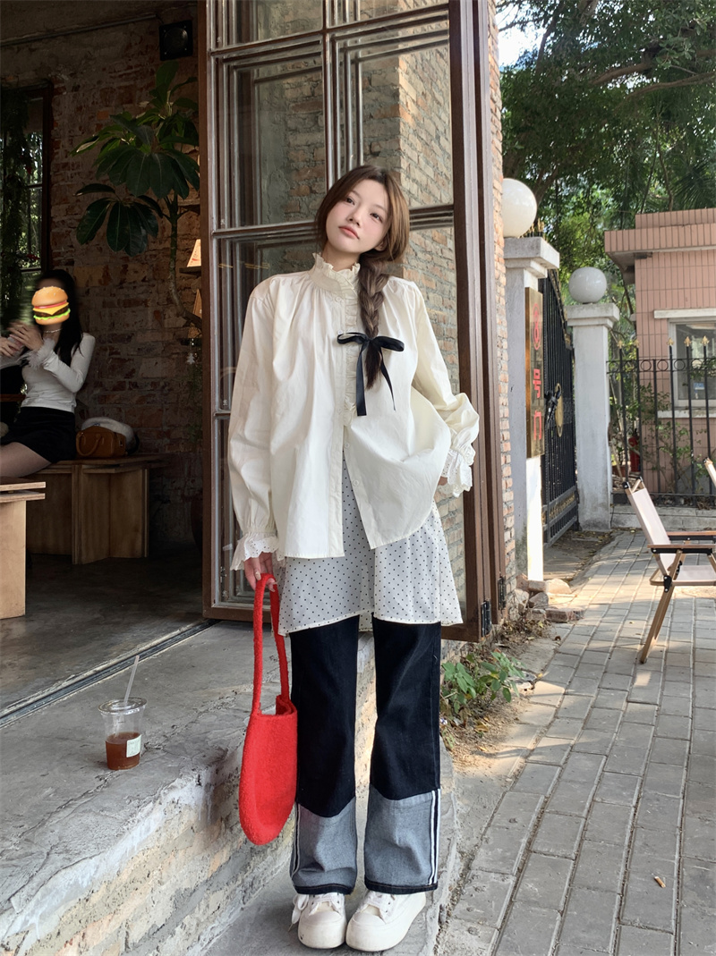 實拍~2024新款立領木耳邊溫柔甜美可愛少女感花邊長袖襯衫