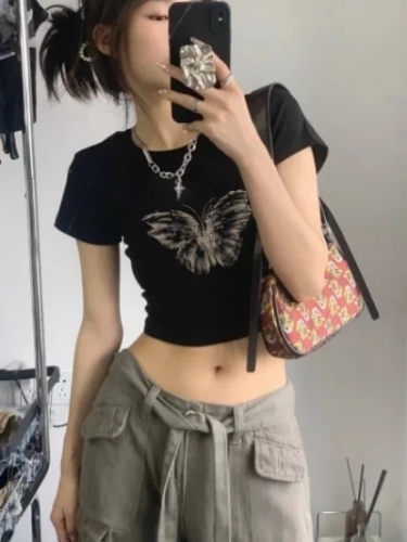 92 Cotton / 8 Spandex American Retro Black Straight Shoulder Short Sleeve T-Shirt for Women Summer Melange Fashion French Waist Cincher