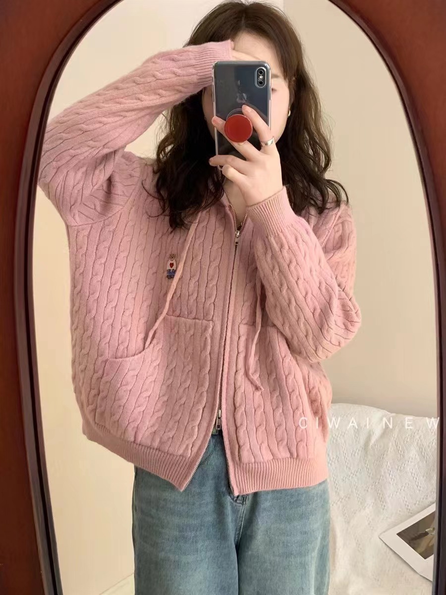 Embroidered bear hooded twist knitted sweater spring new double zipper sweater age-reducing cardigan