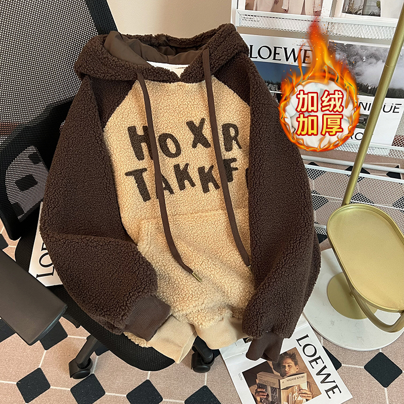 Actual shot of winter Korean style loose sherpa 630g hooded raglan sleeves embroidered large size plus velvet sweatshirt for women