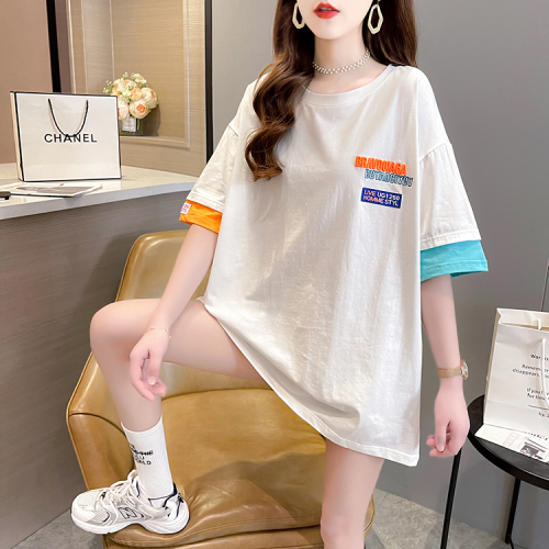 Real shot 65/35 cotton summer new Korean style loose fake two-piece short-sleeved T-shirt for women