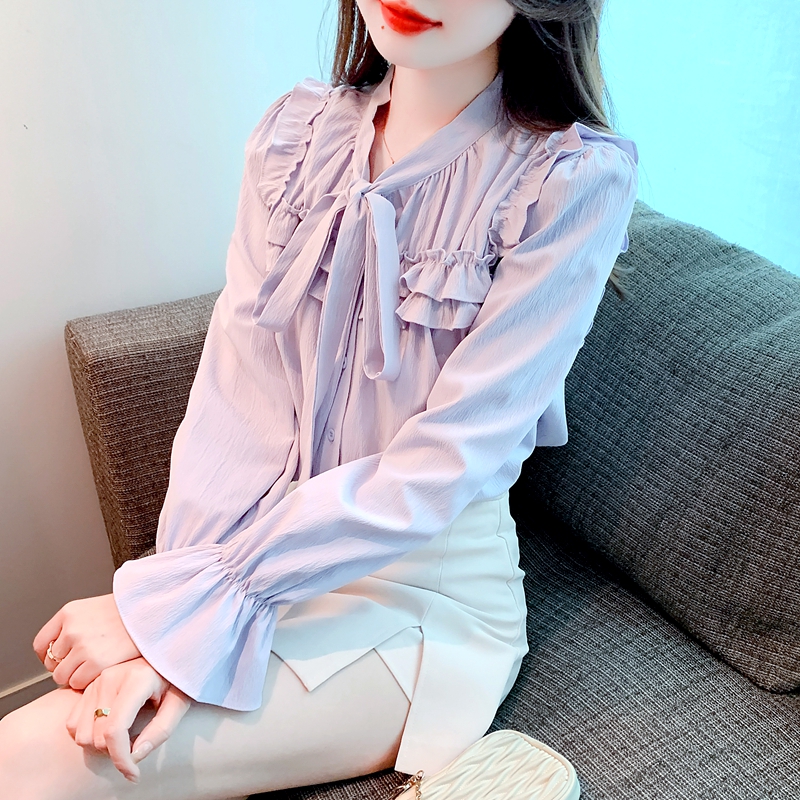 French bow shirt suit 2024 spring new style gentle temperament ruffled chiffon shirt for women