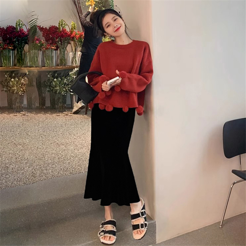 紅色毛衣女裝年深冬裝高級感龍年本命年聖誕節衣服套裝針織衫