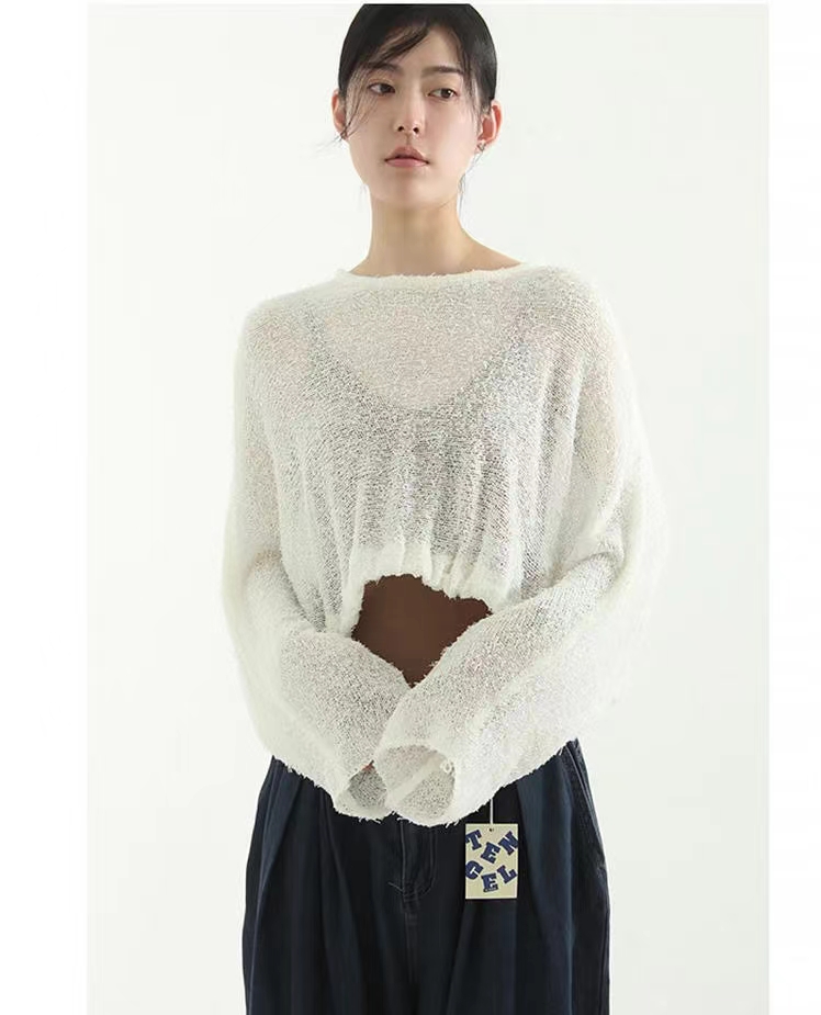 2024 spring new style waistless short versatile long-sleeved sweater top
